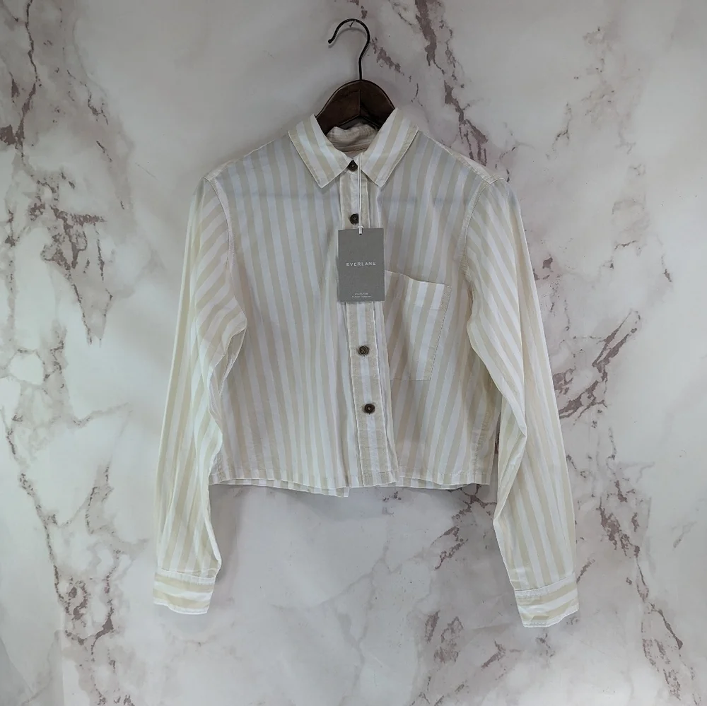Everlane Cropped Cream Stripe Button-Down Shirt - Picture 3 of 15